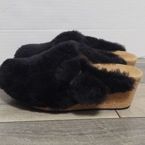 Papillio Birkenstock Fanny Teddy Wedge Mule Black Shearling Sherpa Sz 40/US Sz 9